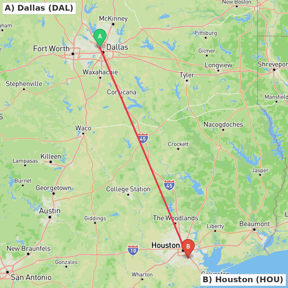 Flight route map from Dallas to Houston