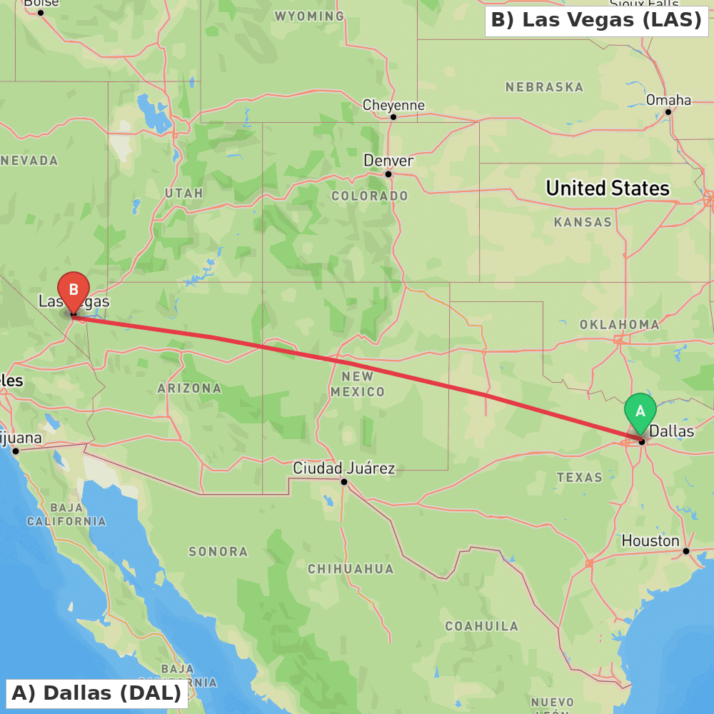 Flight route map from Dallas to Las Vegas