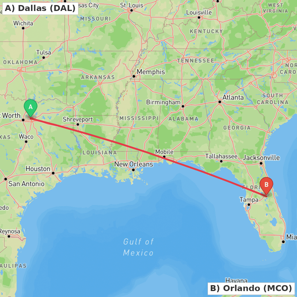 Flight route map from Dallas to Orlando