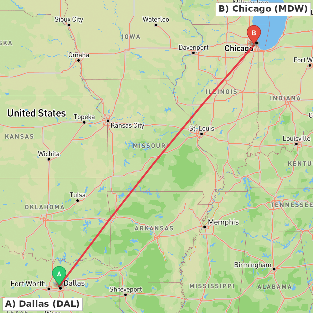 Flight route map from Dallas to Chicago