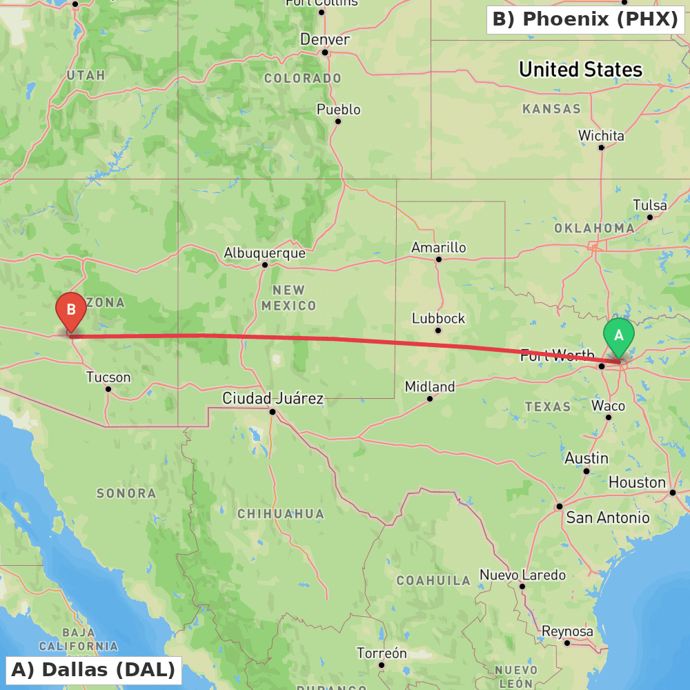 Flight route map from Dallas to Phoenix