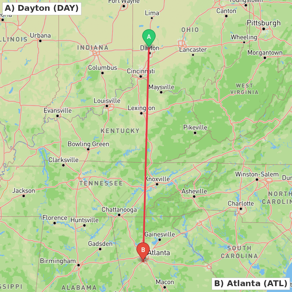 Flight route map from Dayton to Atlanta