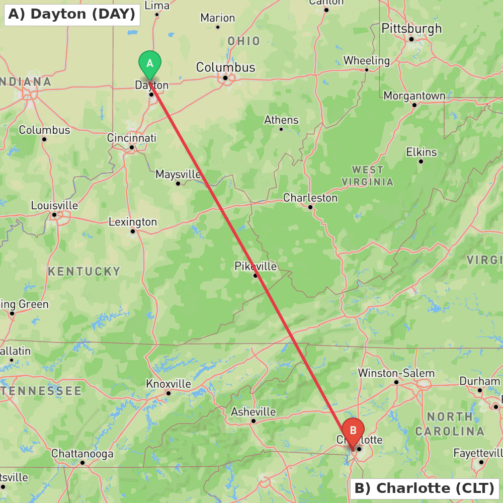 Flight route map from Dayton to Charlotte