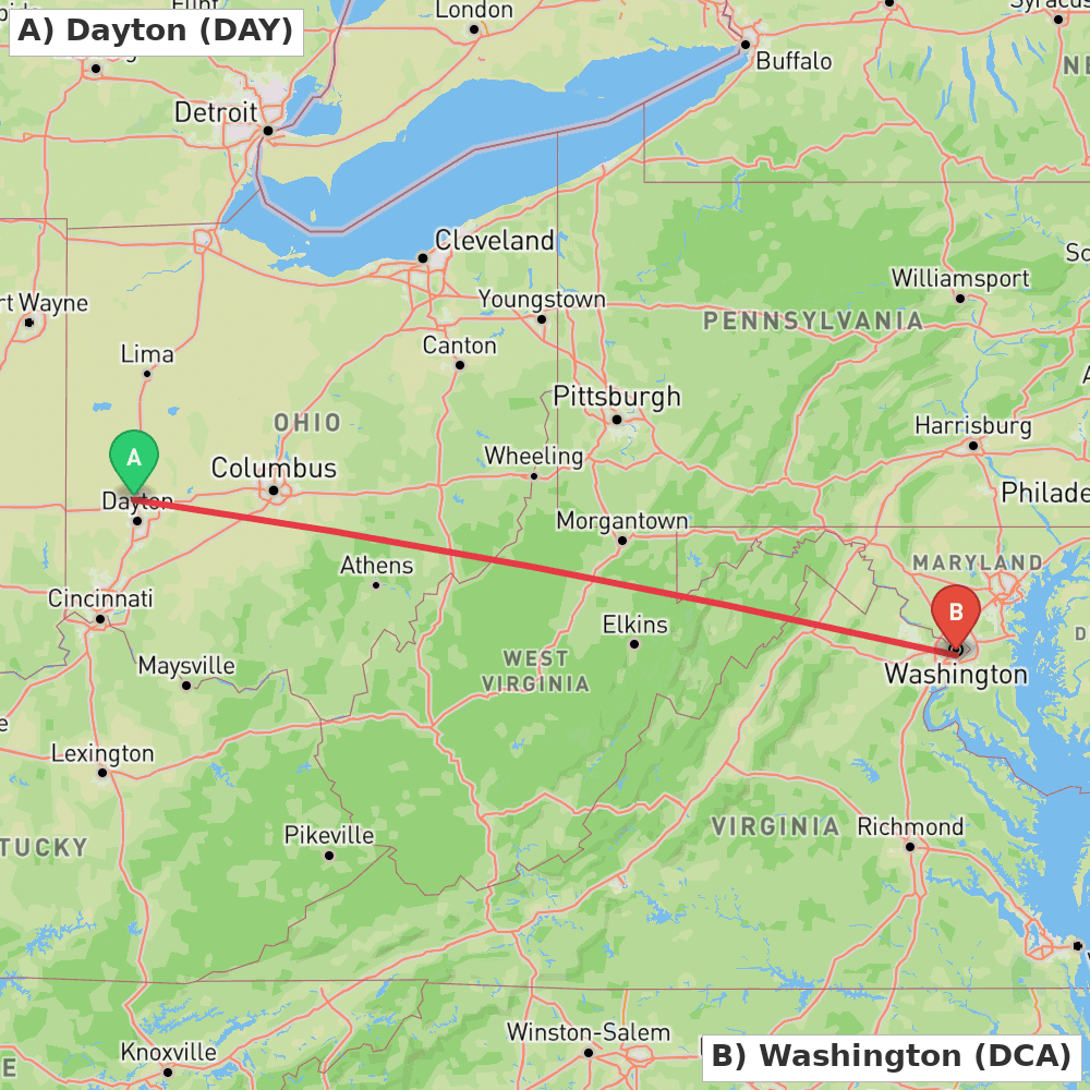Flight route map from Dayton to Washington