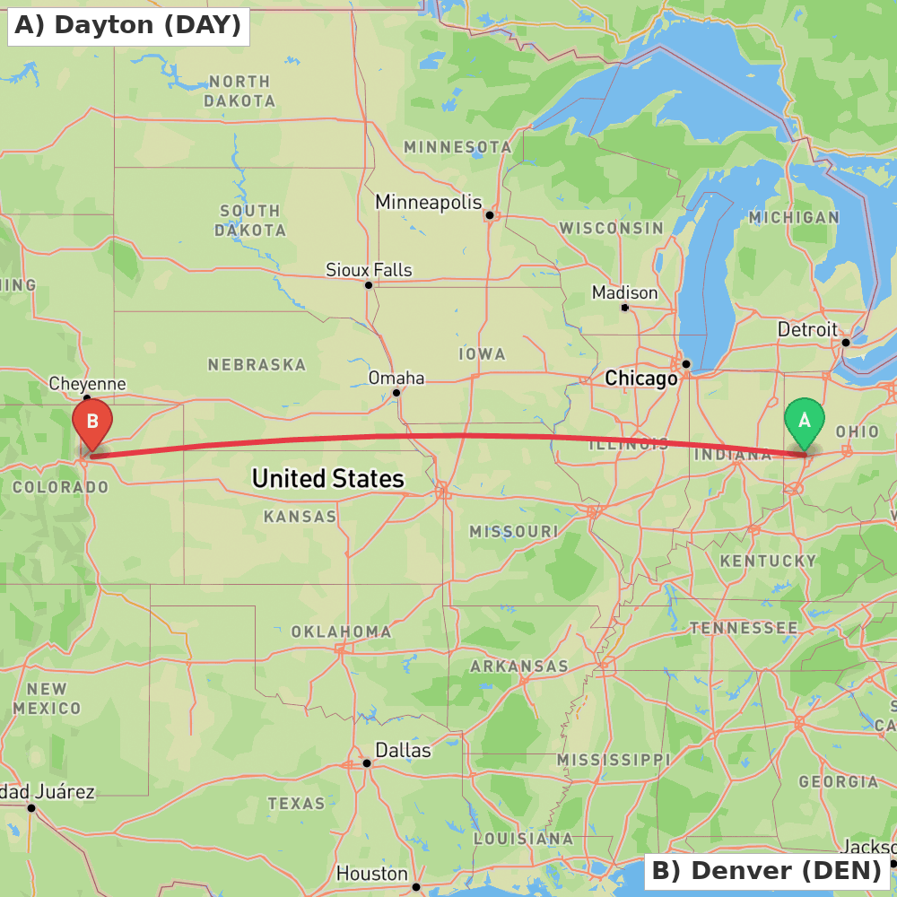Flight route map from Dayton to Denver
