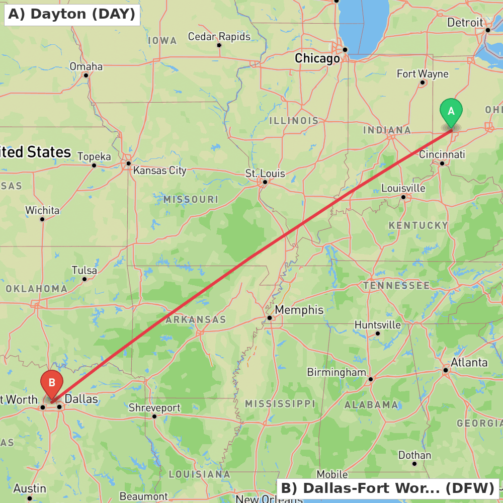 Flight route map from Dayton to Dallas-Fort Worth
