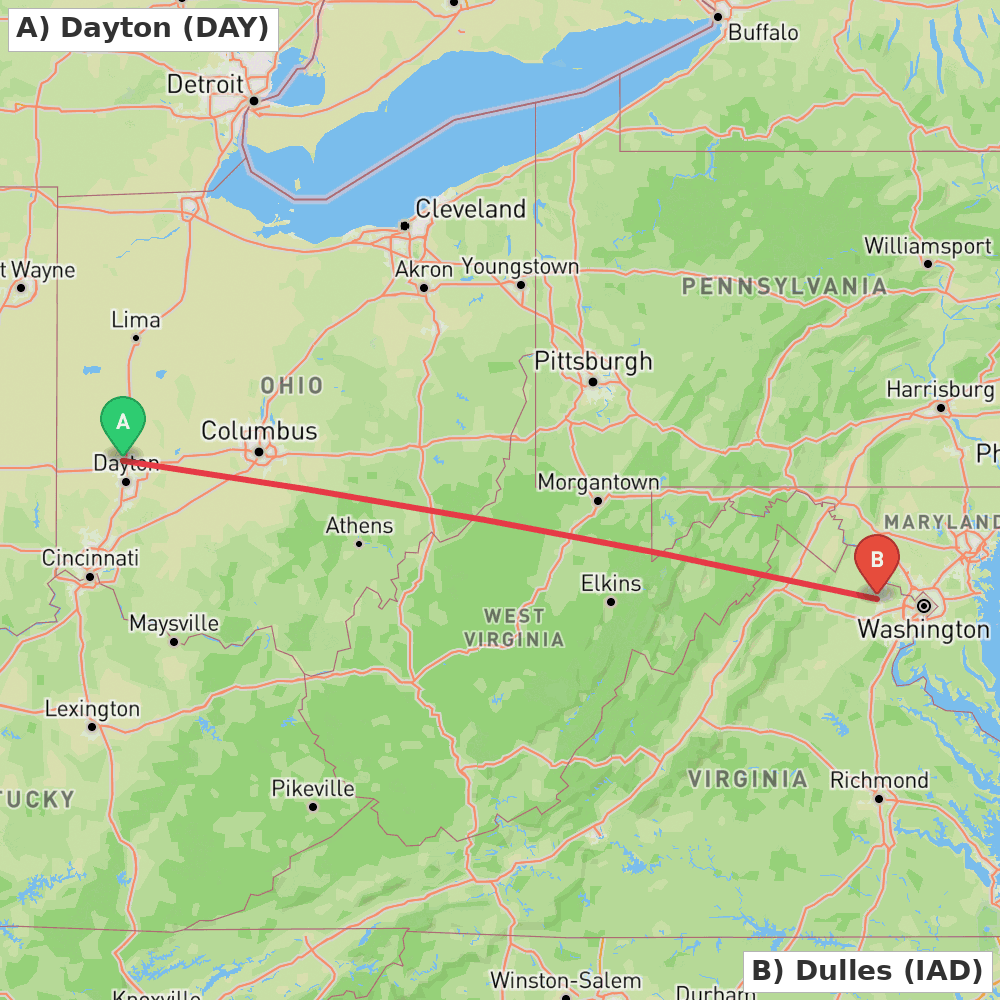 Flight route map from Dayton to Dulles