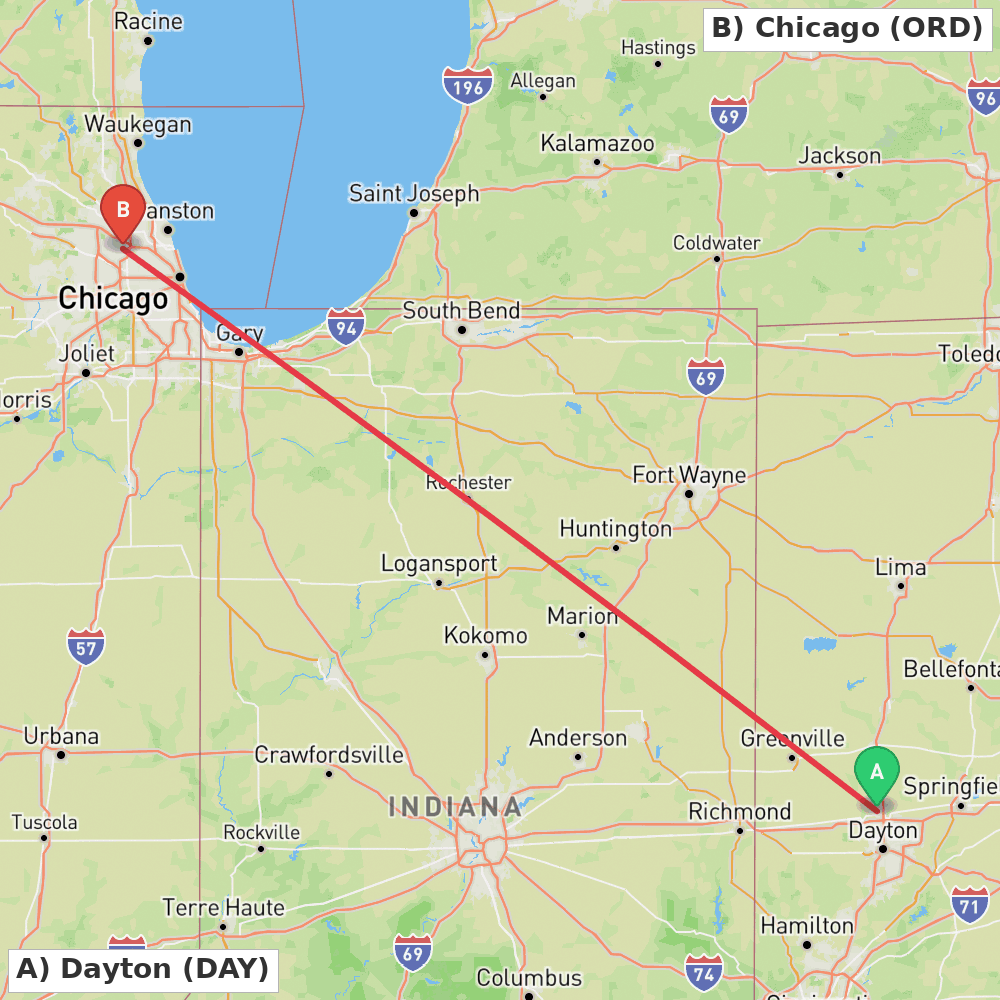 Flight route map from Dayton to Chicago