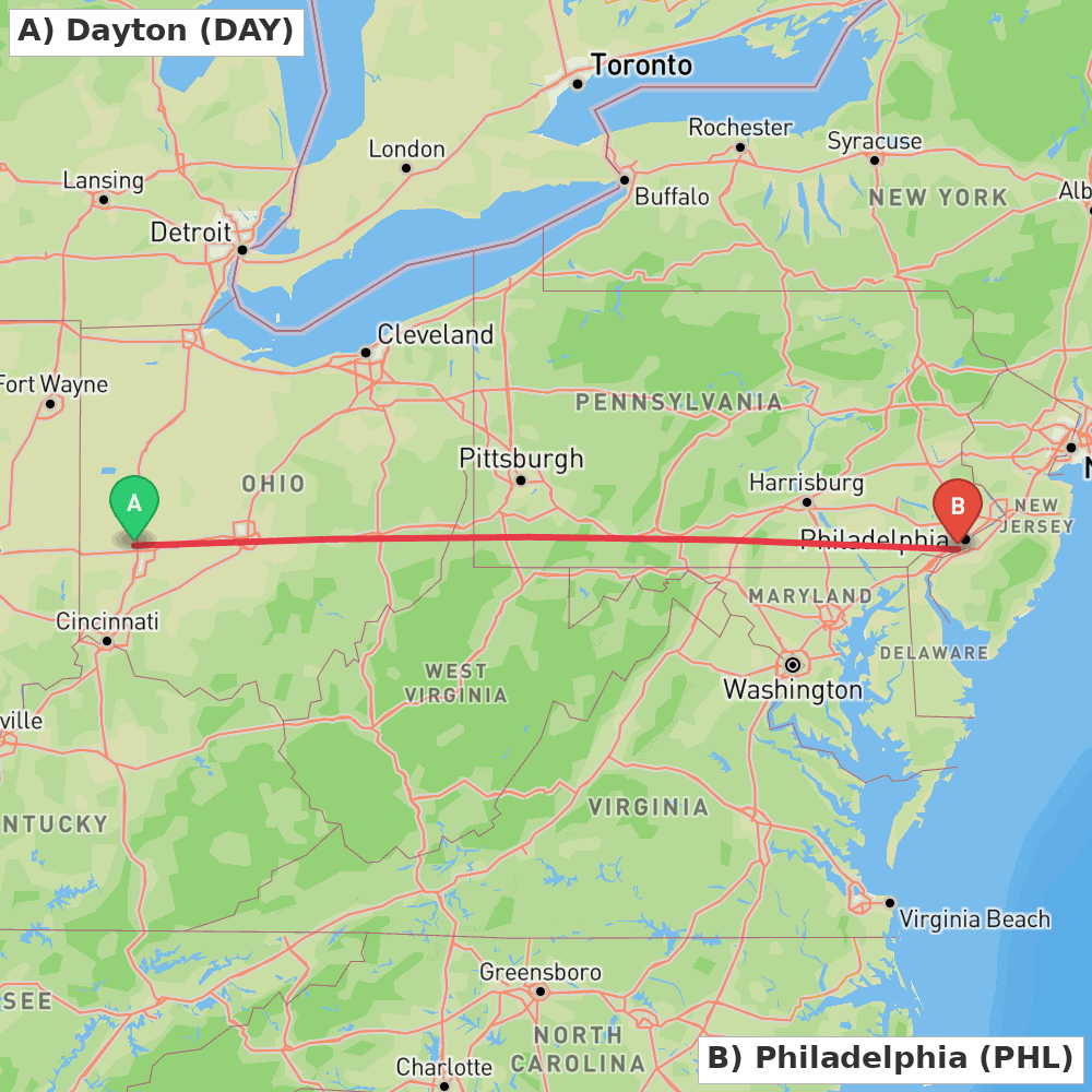 Flight route map from Dayton to Philadelphia
