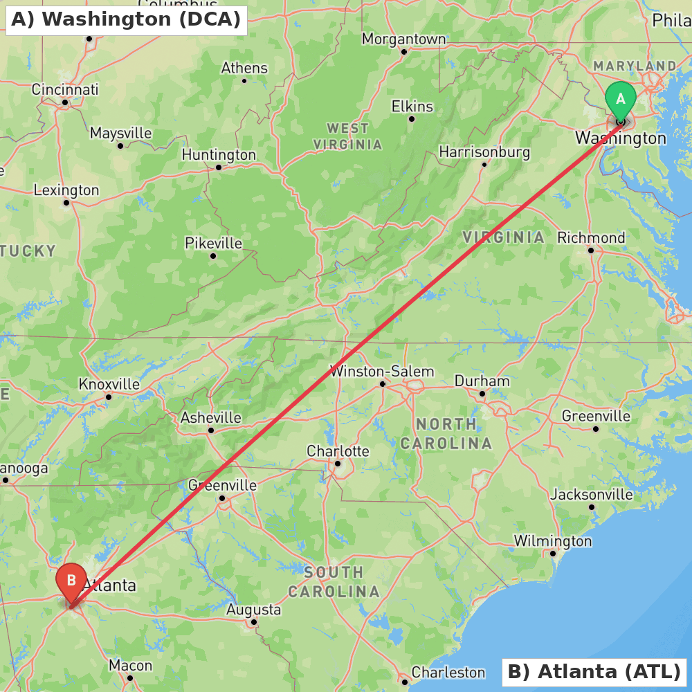 Flight route map from Washington to Atlanta