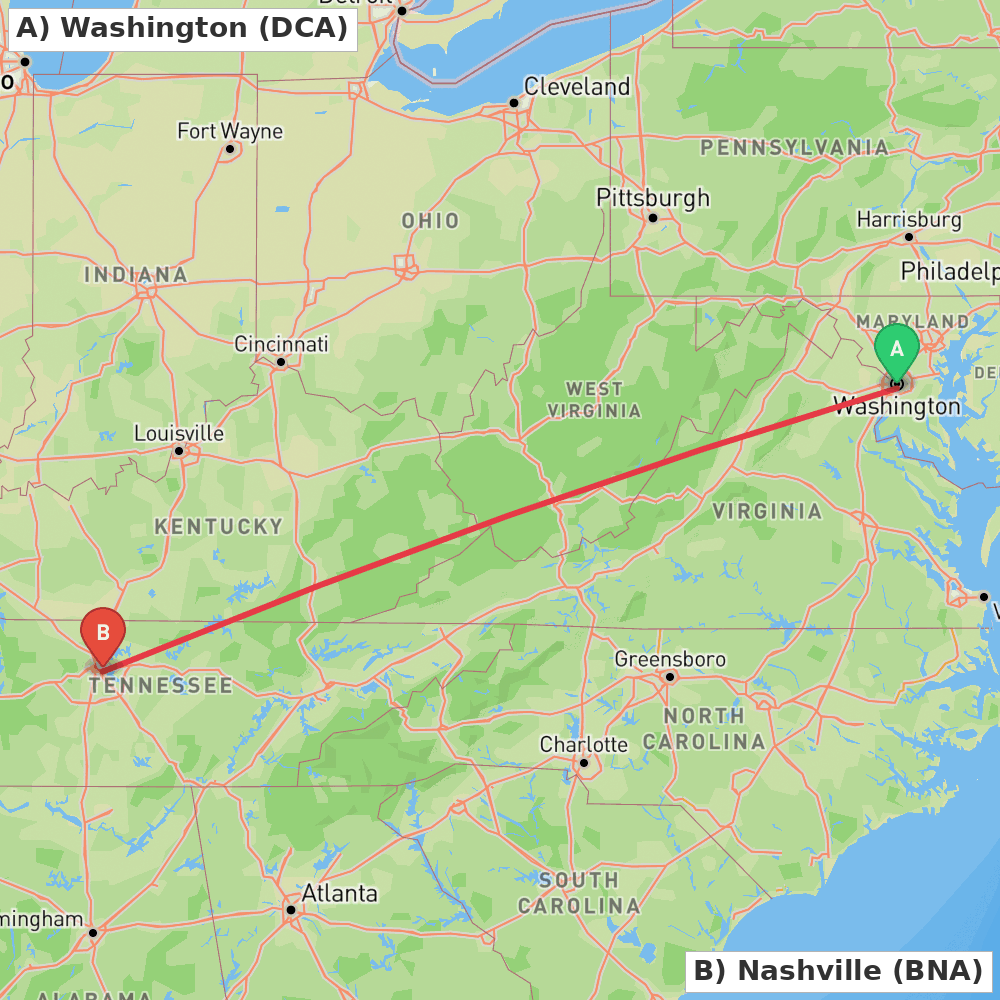 Flight route map from Washington to Nashville