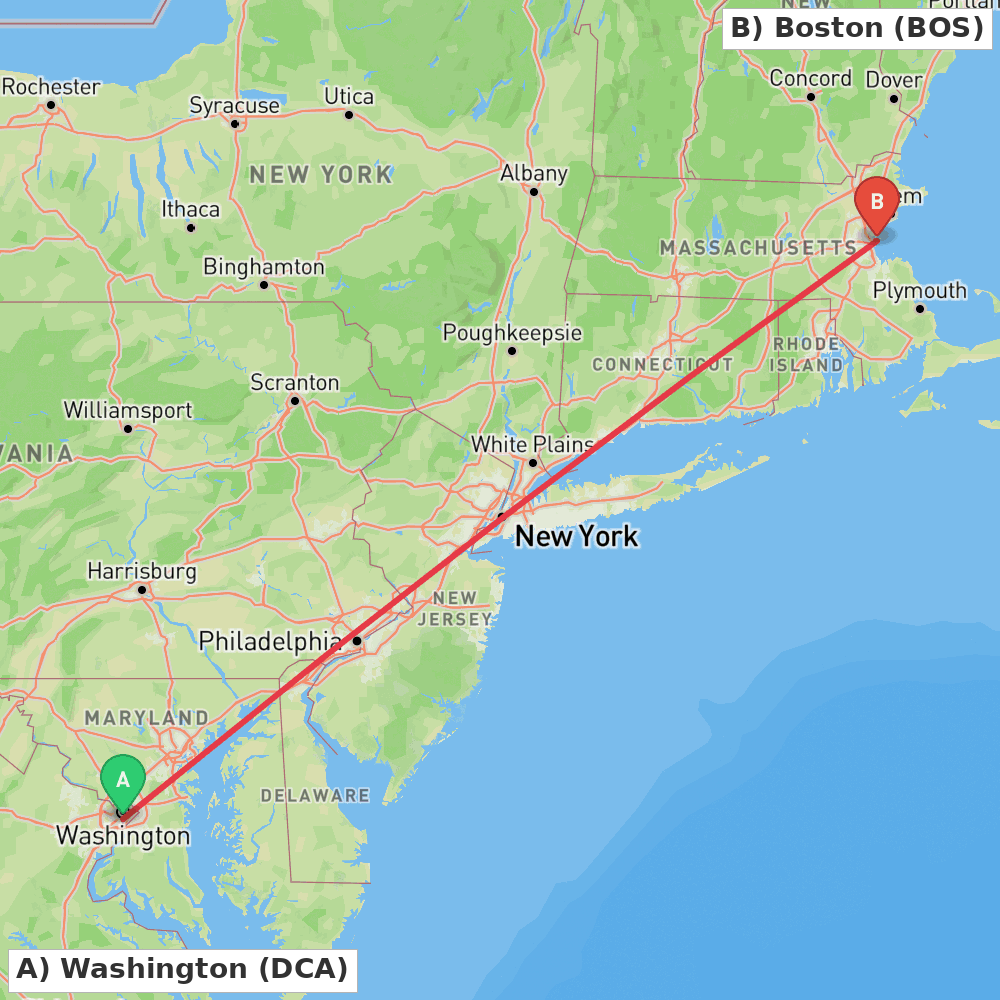 Flight route map from Washington to Boston
