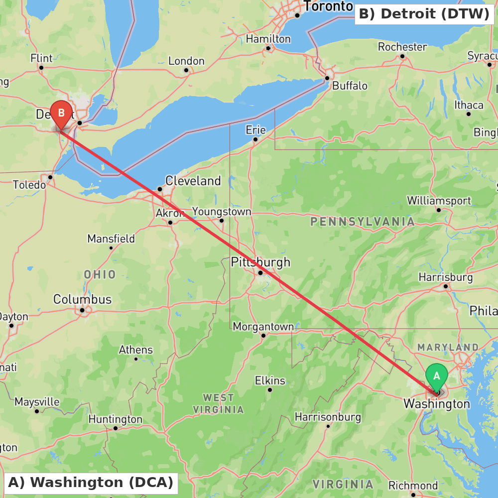 Flight route map from Washington to Detroit