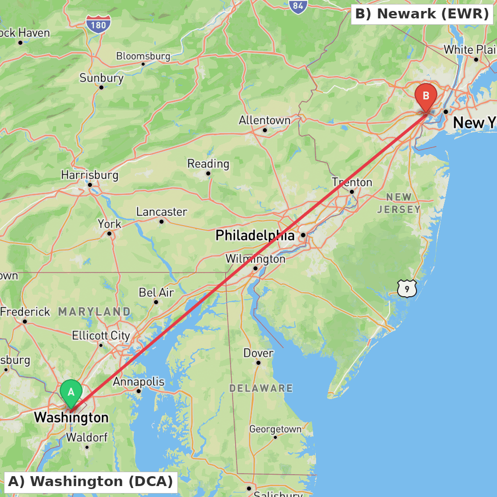 Flight route map from Washington to Newark