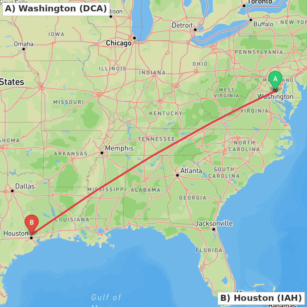 Flight route map from Washington to Houston
