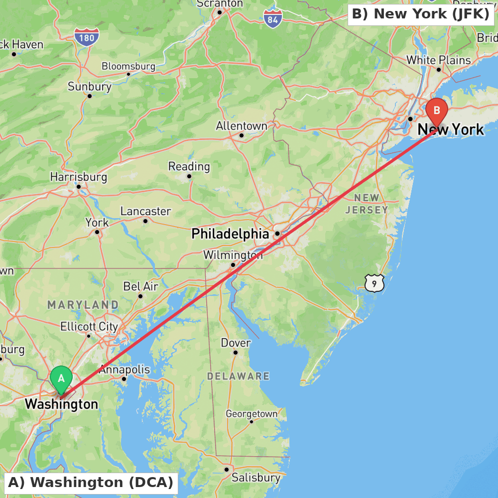 Flight route map from Washington to New York