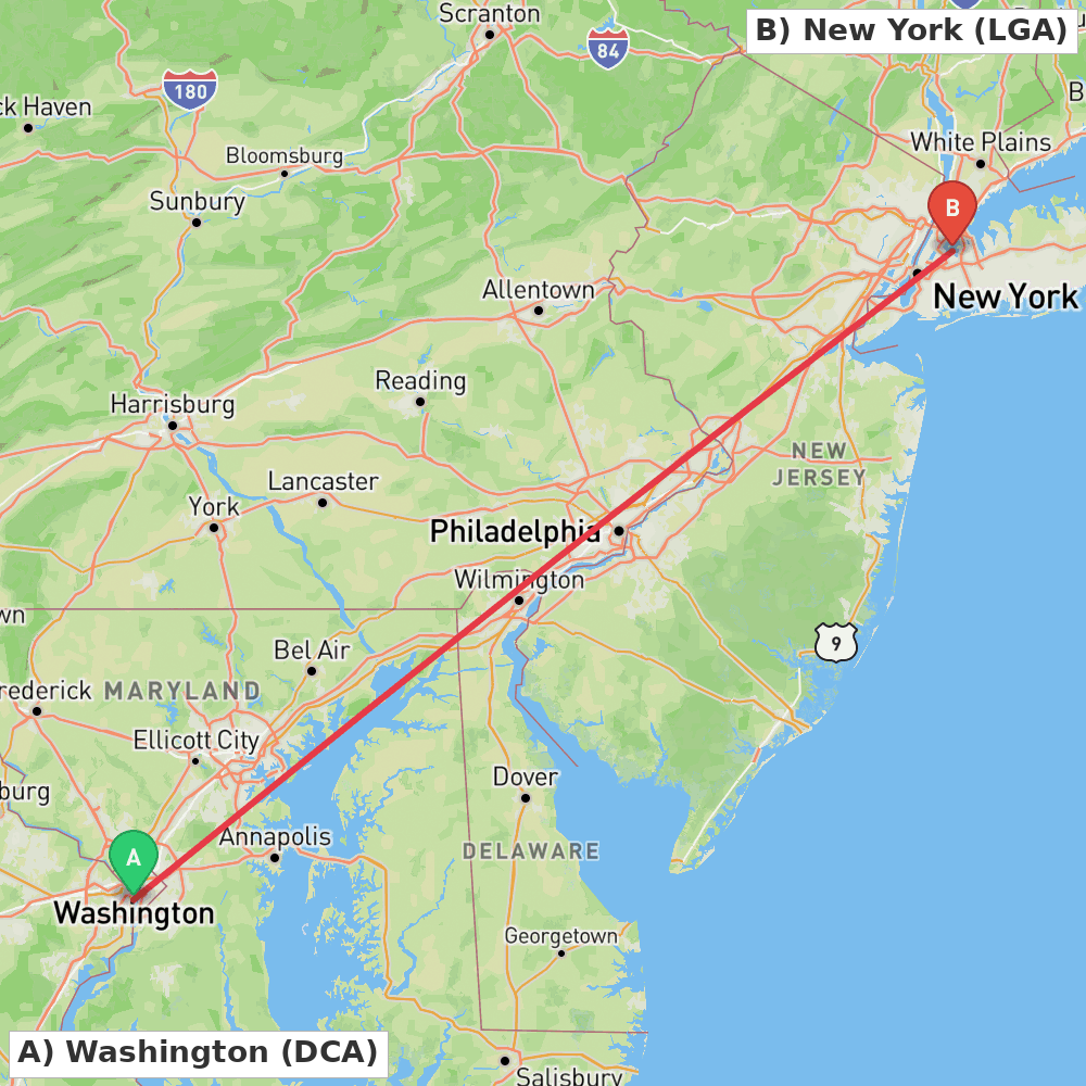 Flight route map from Washington to New York