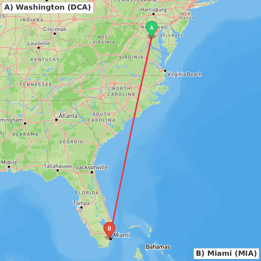 Flight route map from Washington to Miami