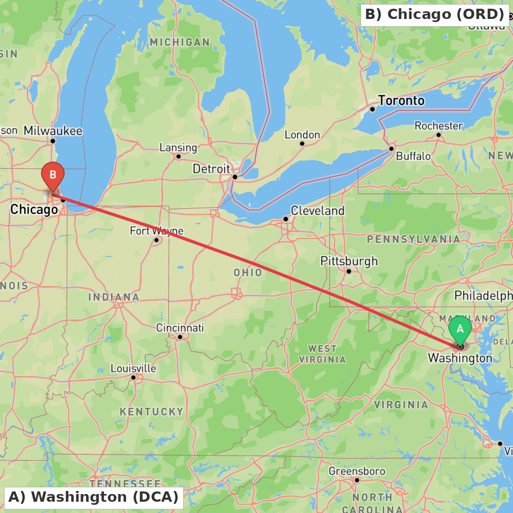 Flight route map from Washington to Chicago