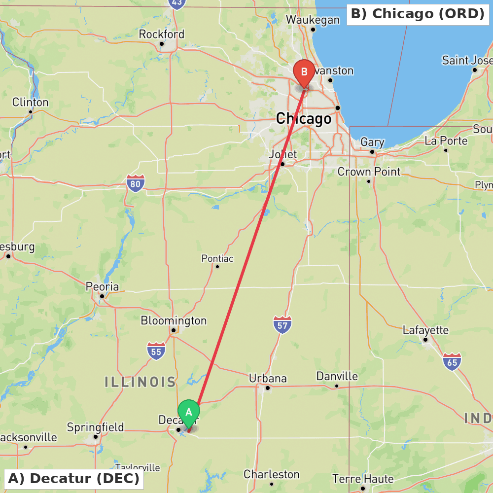 Flight route map from Decatur to Chicago