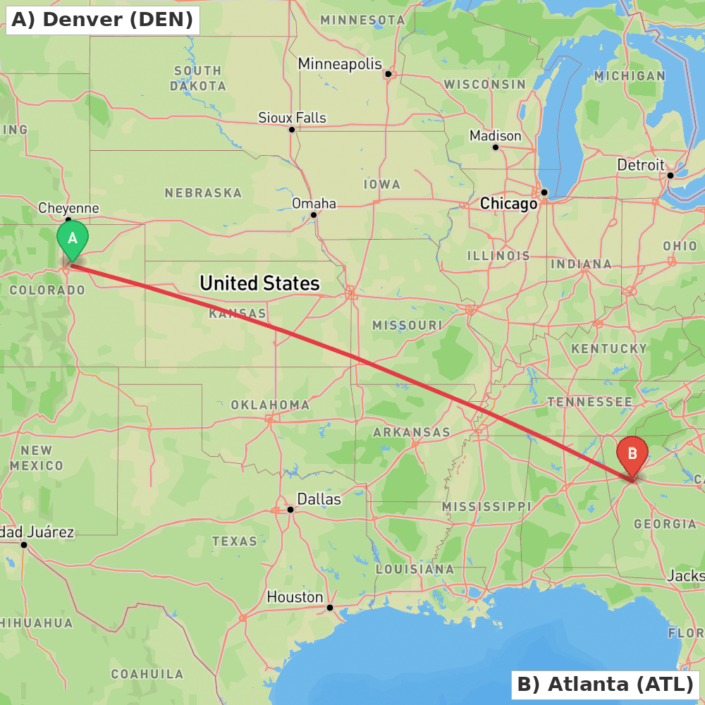 Flight route map from Denver to Atlanta