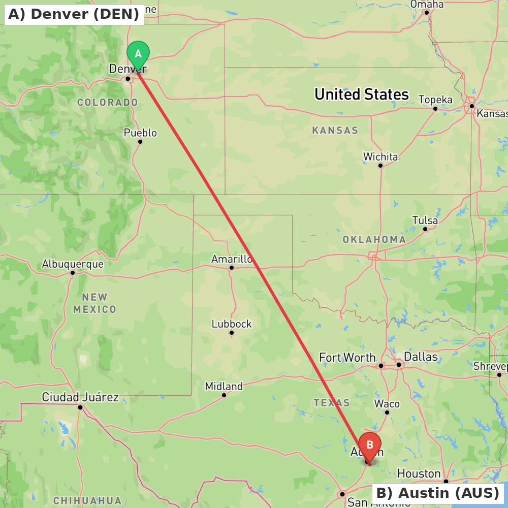 Flight route map from Denver to Austin