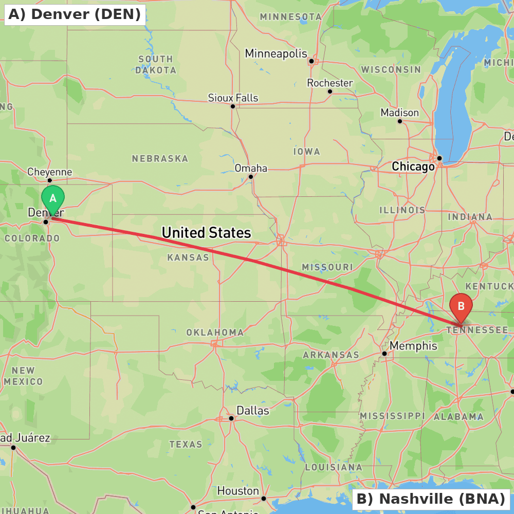 Flight route map from Denver to Nashville