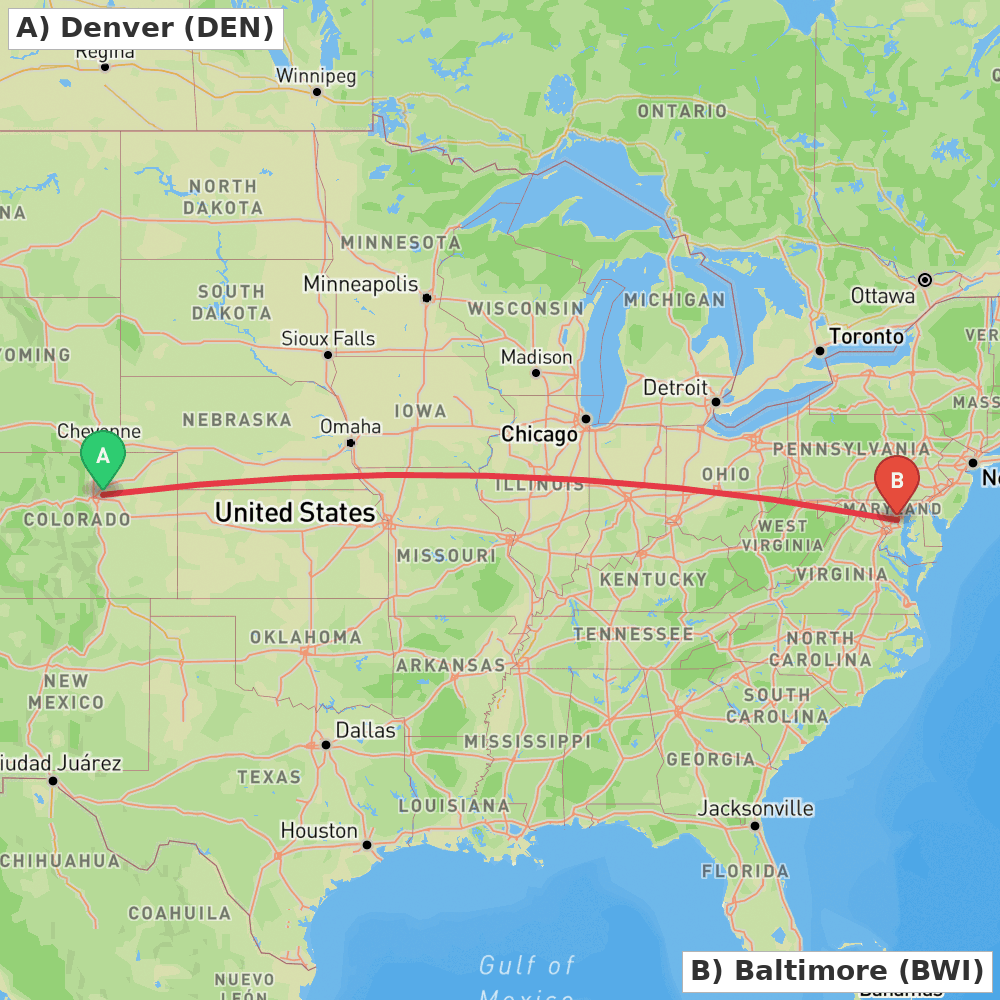 Flight route map from Denver to Baltimore