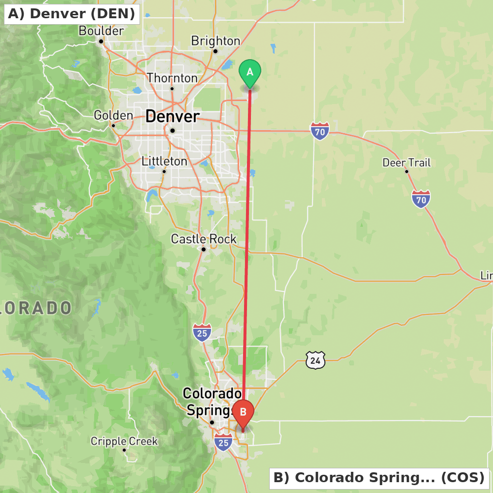 Flight route map from Denver to Colorado Springs