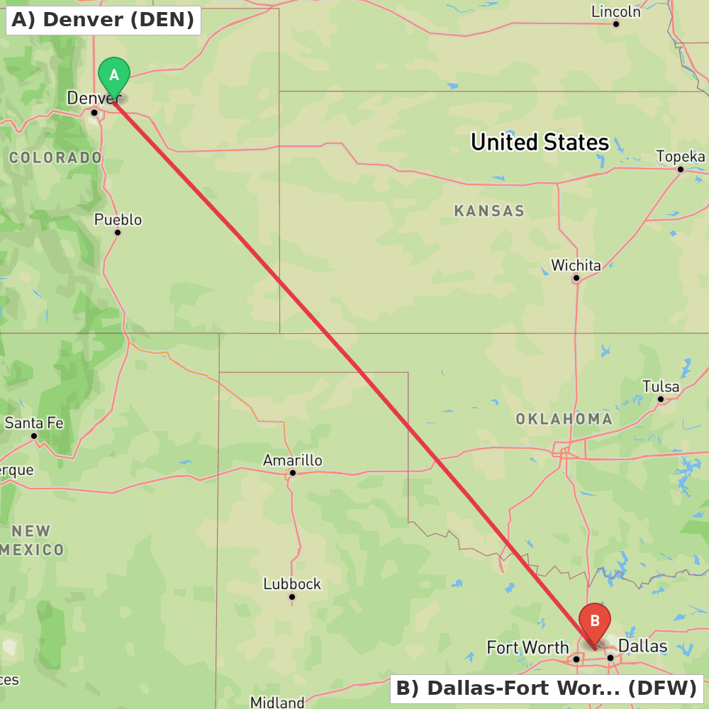Flight route map from Denver to Dallas-Fort Worth