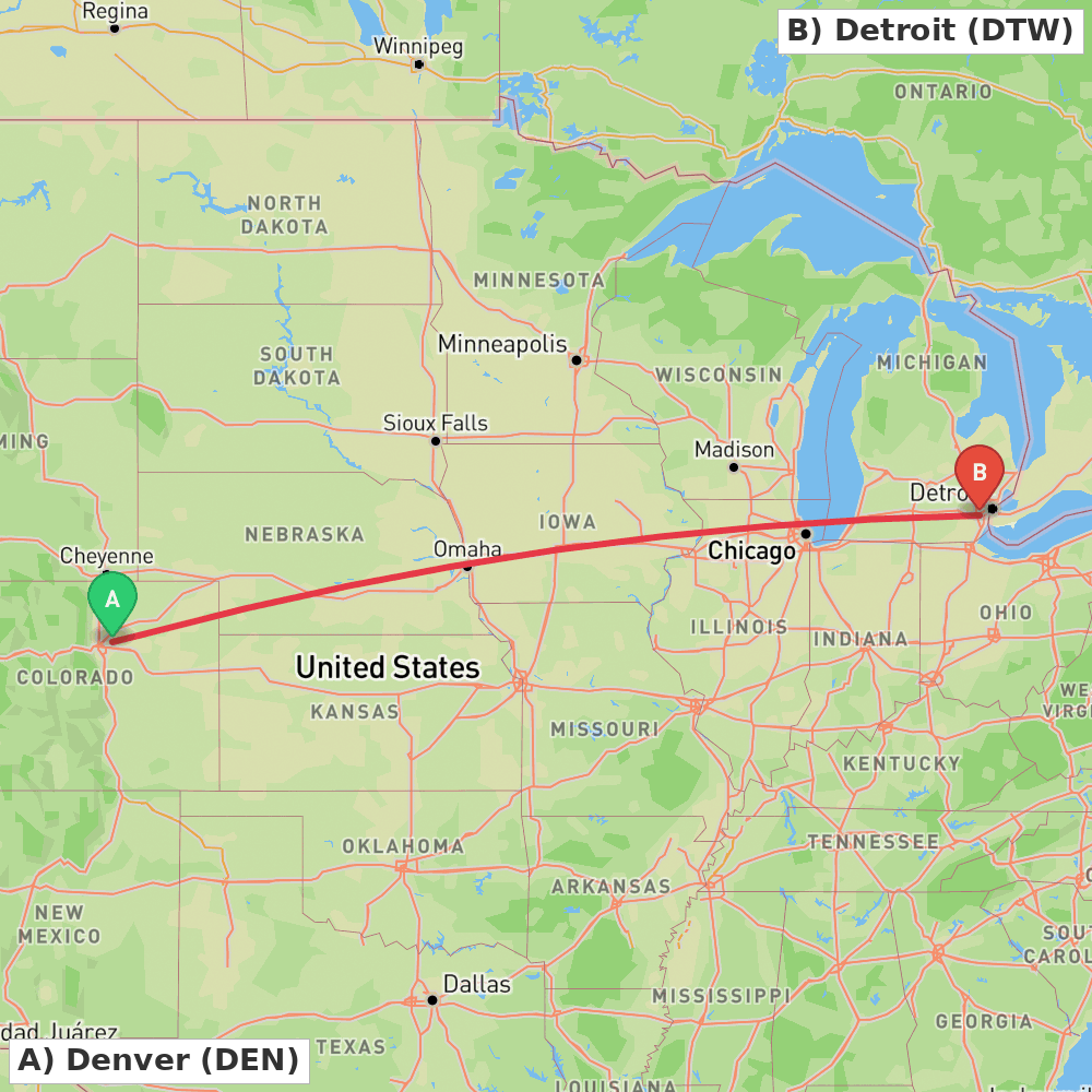 Flight route map from Denver to Detroit