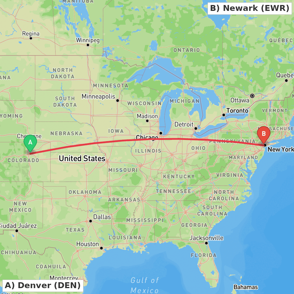 Flight route map from Denver to Newark