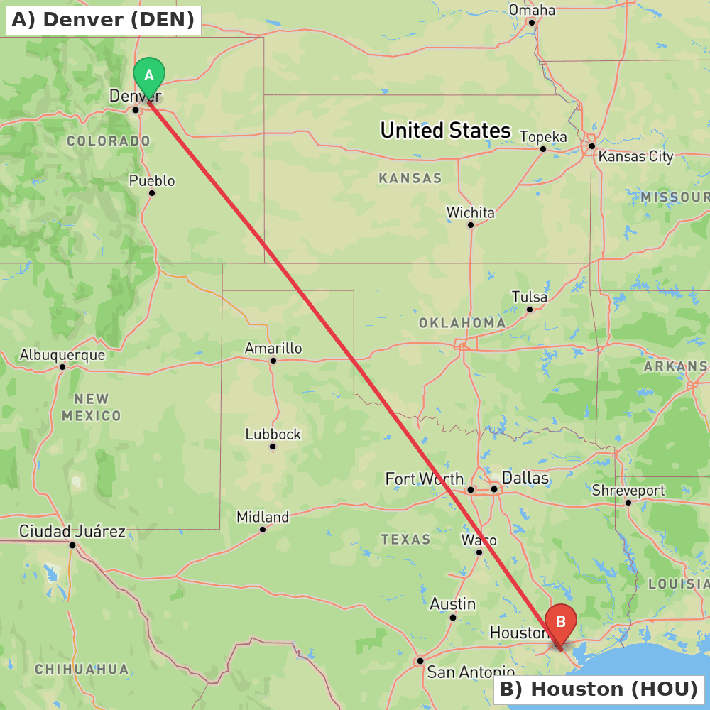 Flight route map from Denver to Houston