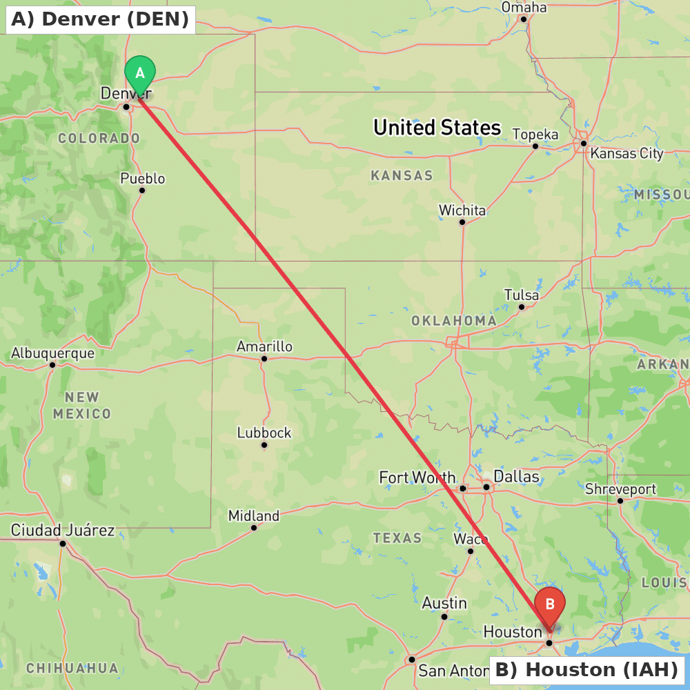 Flight route map from Denver to Houston