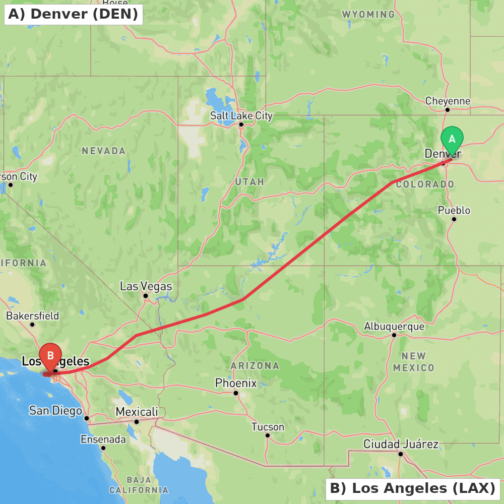 Flight route map from Denver to Los Angeles