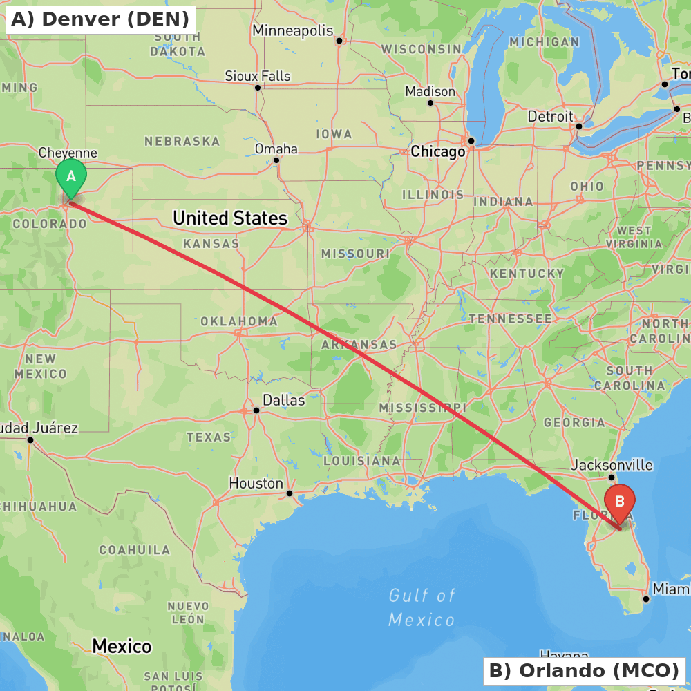Flight route map from Denver to Orlando