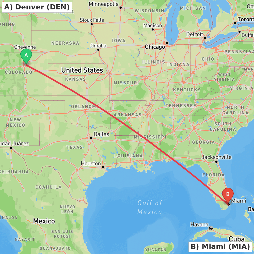 Flight route map from Denver to Miami