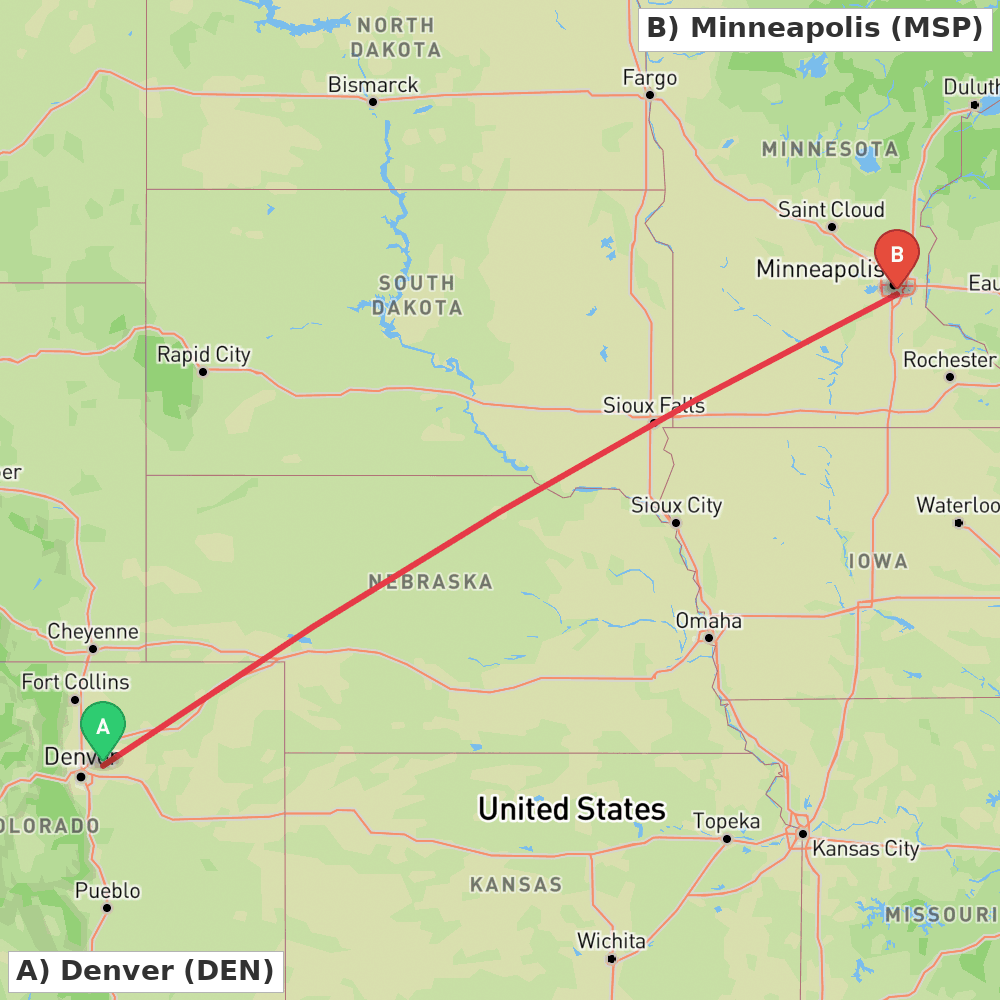 Flight route map from Denver to Minneapolis