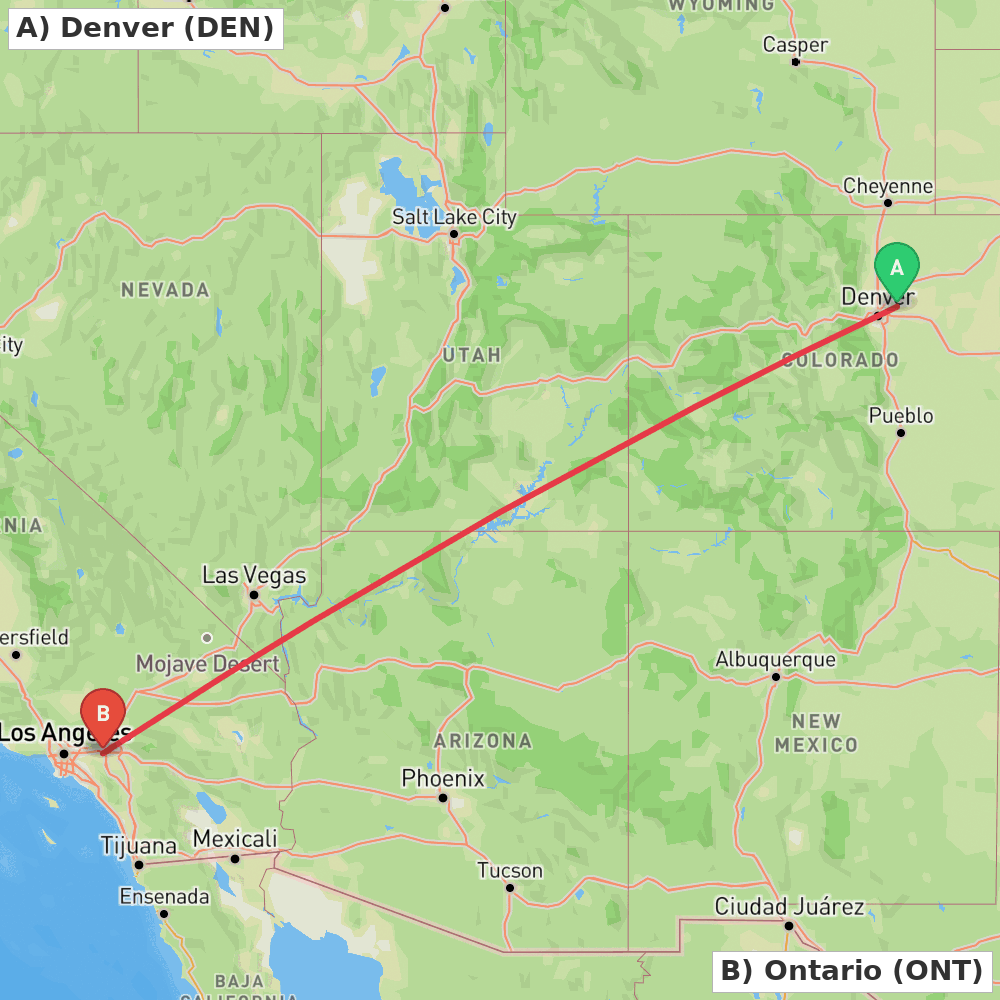 Flight route map from Denver to Ontario