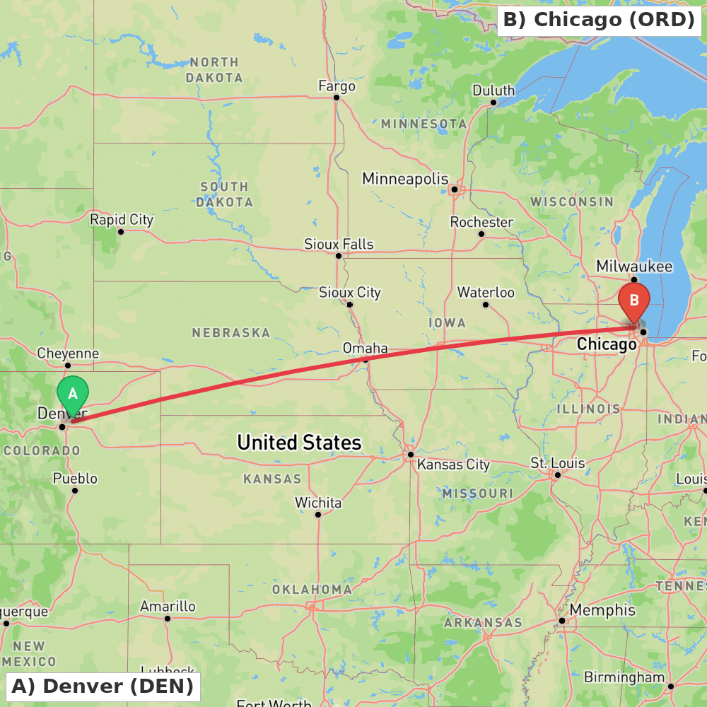 Flight route map from Denver to Chicago