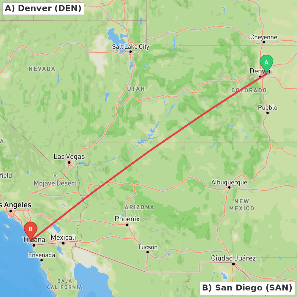 Flight route map from Denver to San Diego