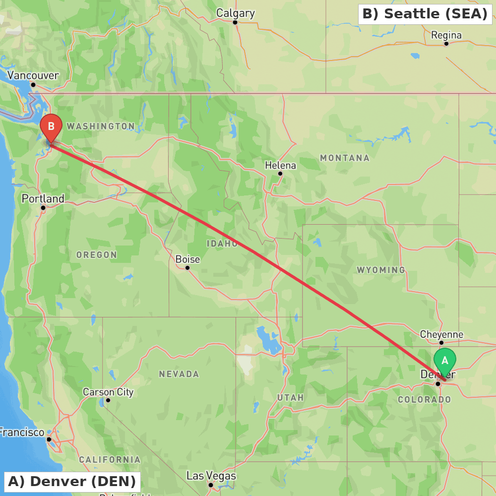 Flight route map from Denver to Seattle