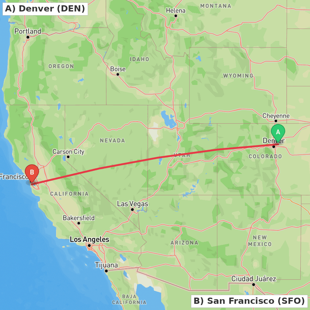 Flight route map from Denver to San Francisco