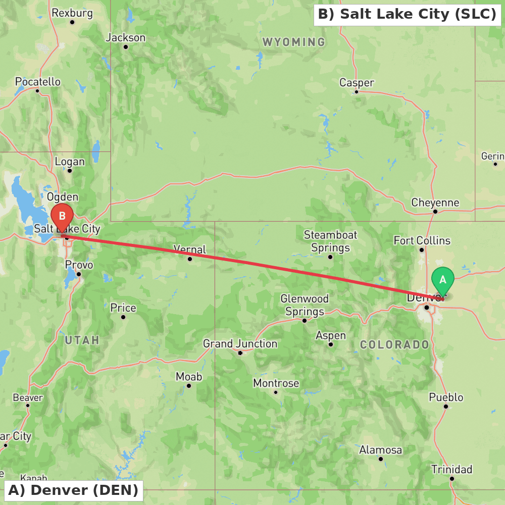 Flight route map from Denver to Salt Lake City