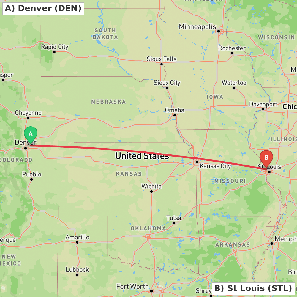 Flight route map from Denver to St Louis