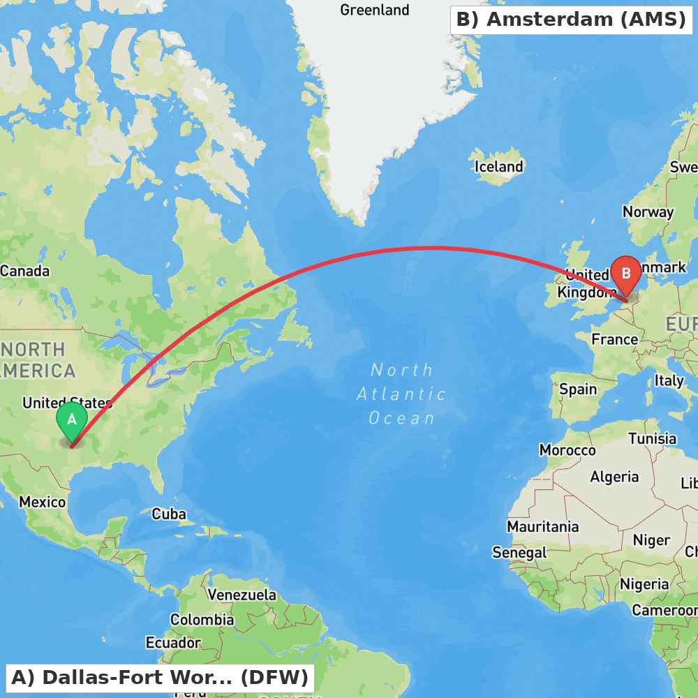 Flight route map from Dallas-Fort Worth to Amsterdam