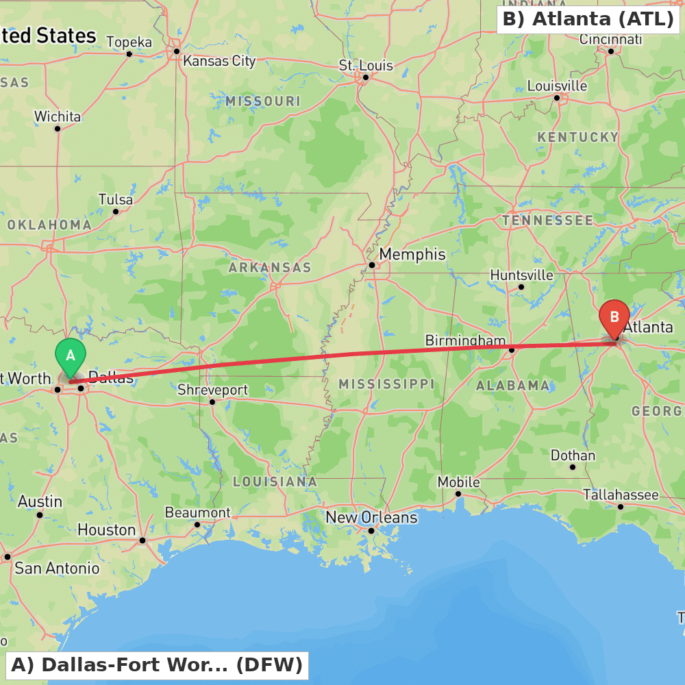 Flight route map from Dallas-Fort Worth to Atlanta