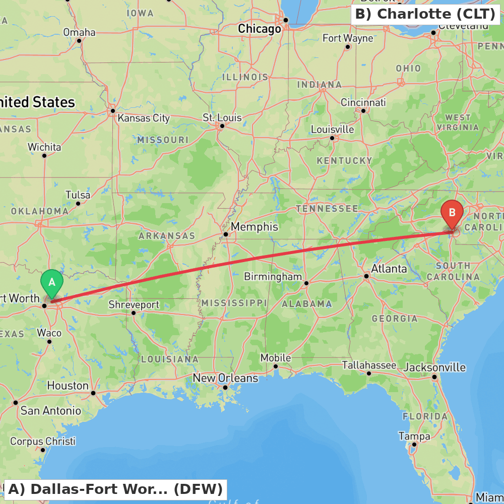 Flight route map from Dallas-Fort Worth to Charlotte