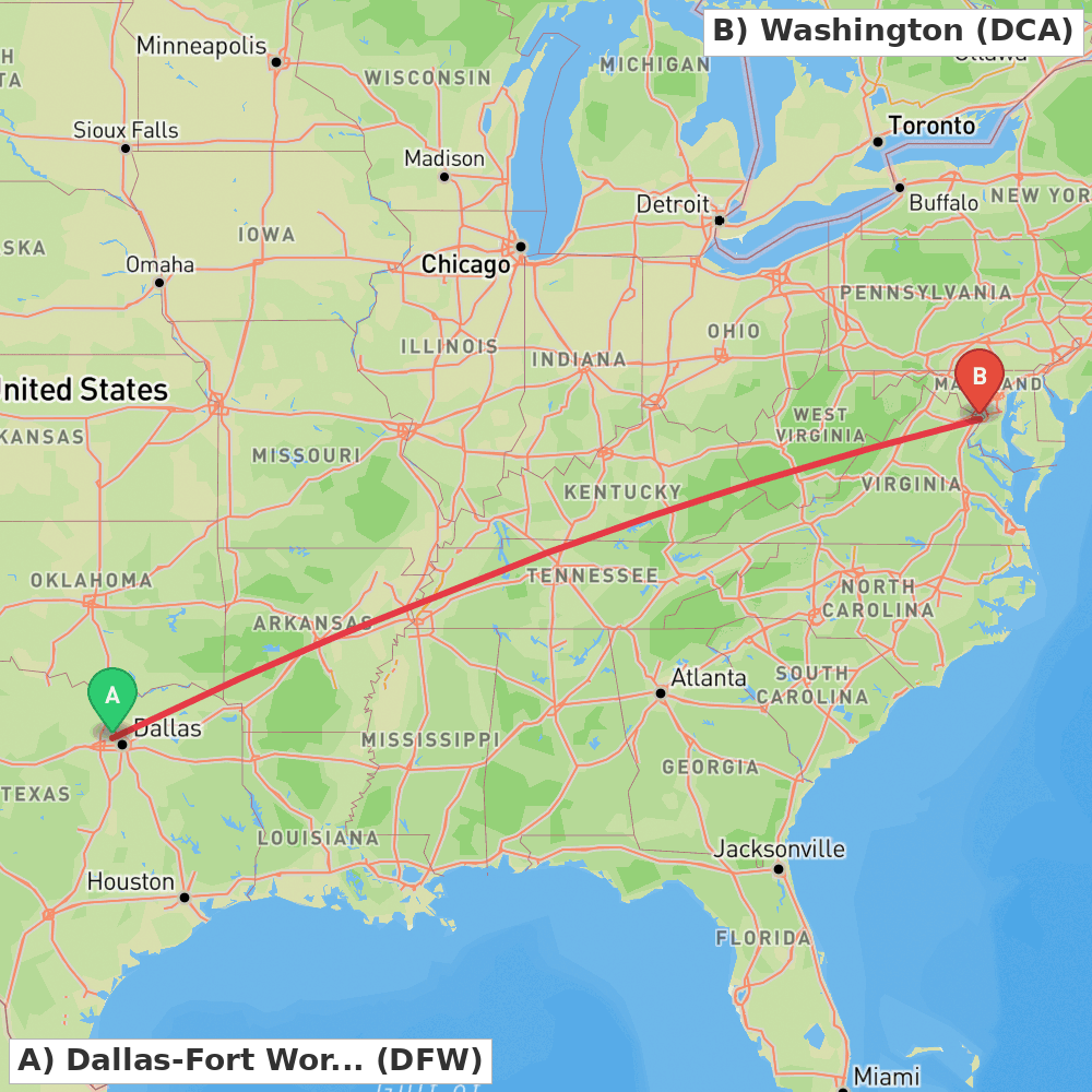 Flight route map from Dallas-Fort Worth to Washington