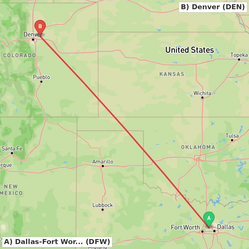 Flight route map from Dallas-Fort Worth to Denver
